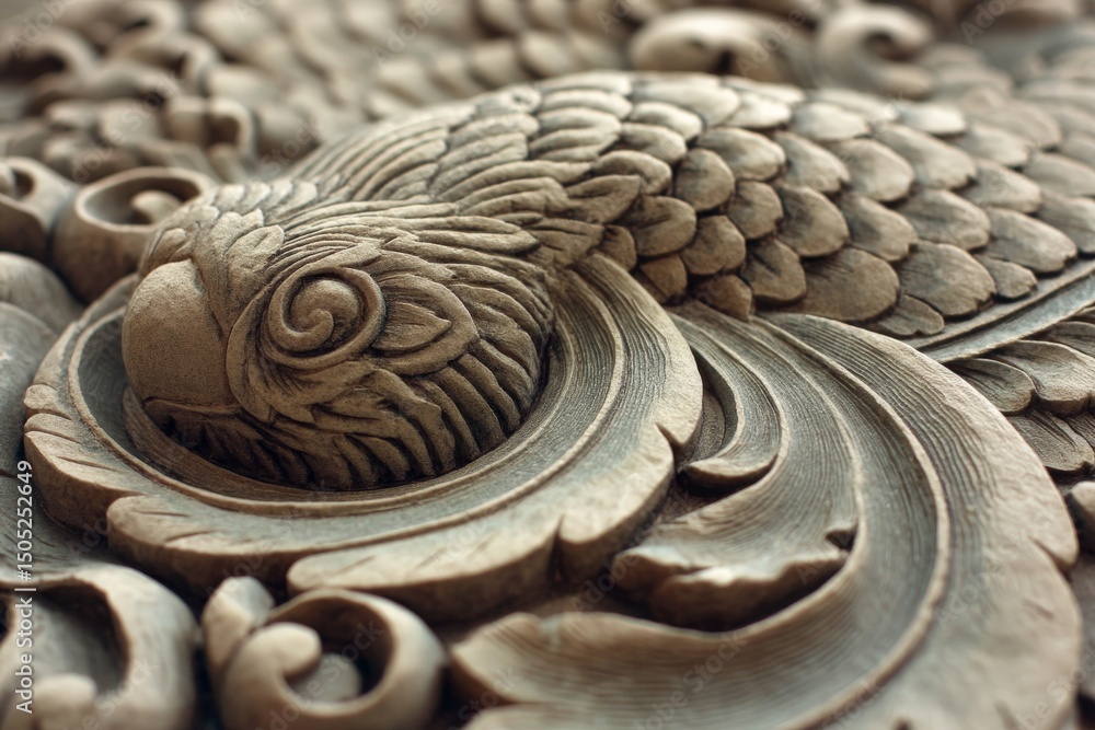 Poster intricate wooden carving of a bird featuring detailed feathers and swirling designs in a close-up vi