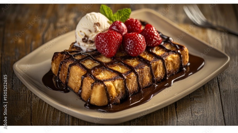 Poster a mouthwatering display of honey toast with rich chocolate drizzle, served with a side of ice cream,