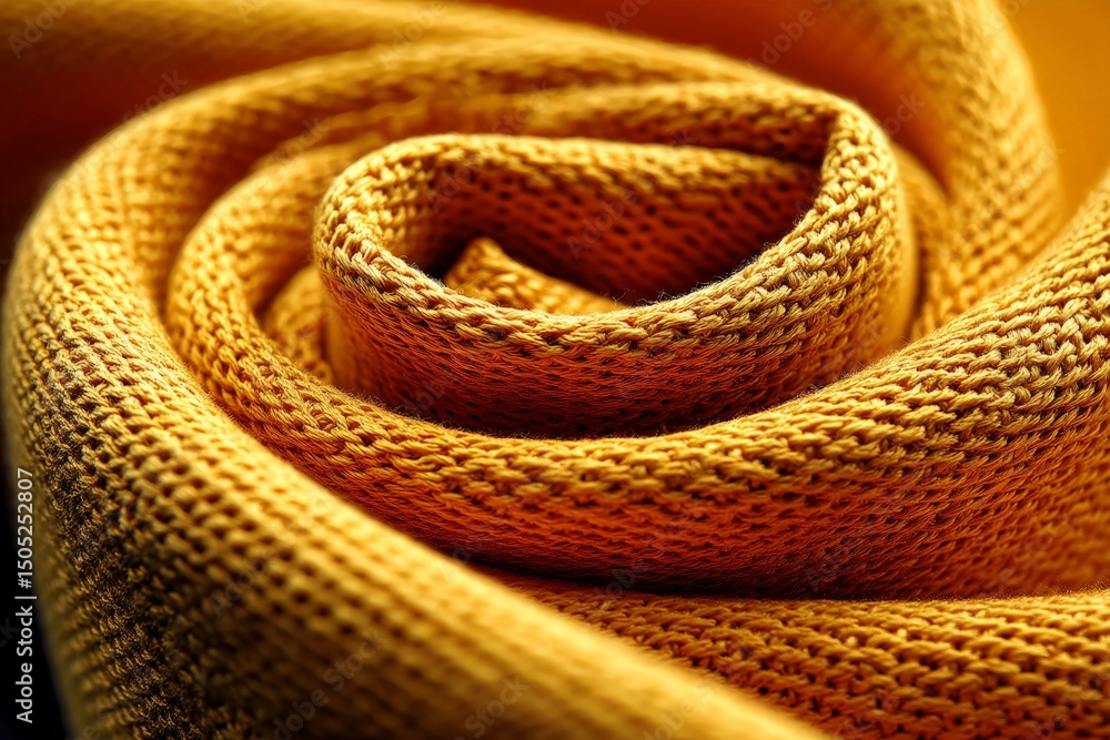 Poster detailed close-up of textured yellow fabric rolled into a spiral focusing on the intricate knit patt
