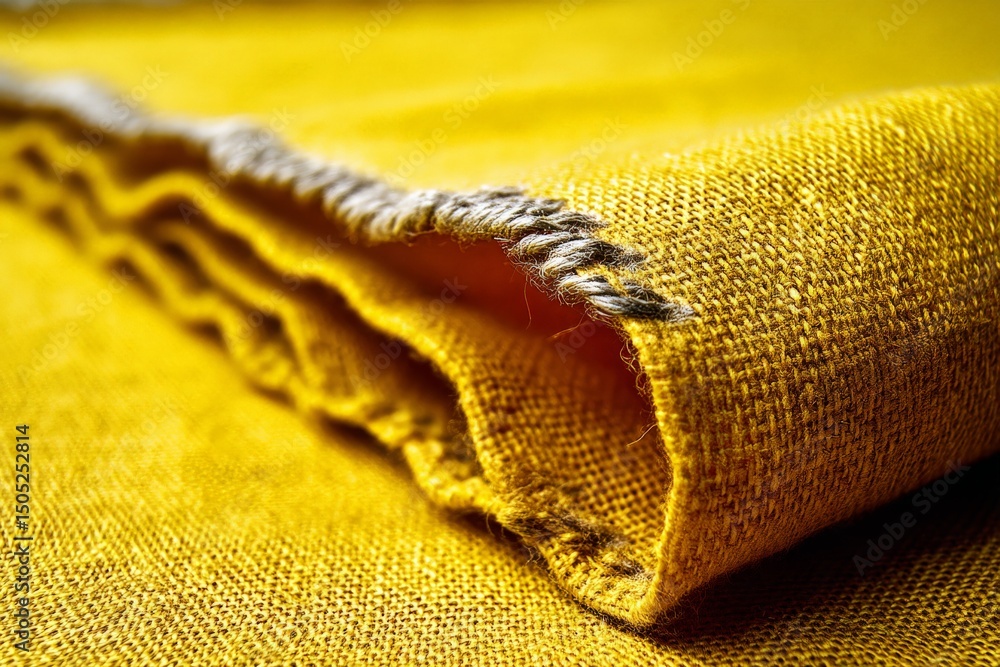 Poster Close-up view of folded yellow fabric showcasing texture and stitching details in a textile workshop