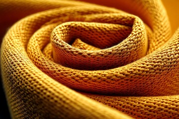 Fototapeta premium Detailed close-up of textured yellow fabric rolled into a spiral focusing on the intricate knit patterns and vibrant color