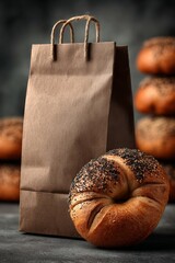 Bagel and bag, on a matte textured surface, strong key lighting, product shot for ecommerce,