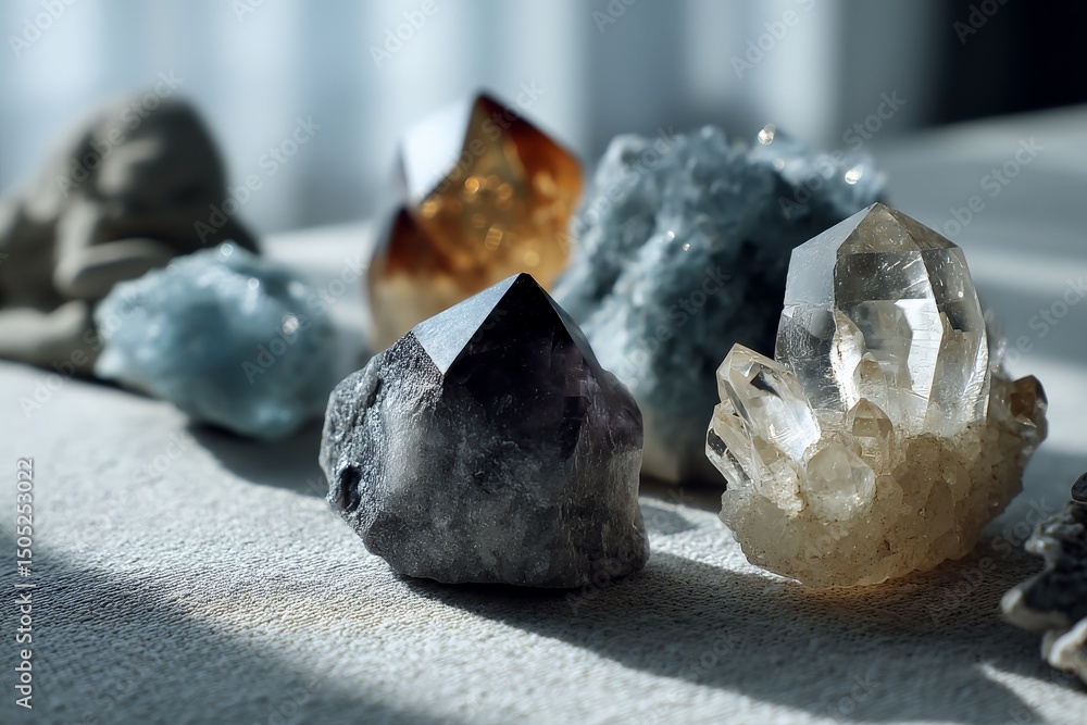 Poster Unique collection of crystals displayed on a table with soft sunlight illuminating their facets and textures