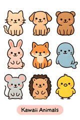 Kawaii animals. Cartoon icon set. Flat design style, pastel colors. Isolated on white background.