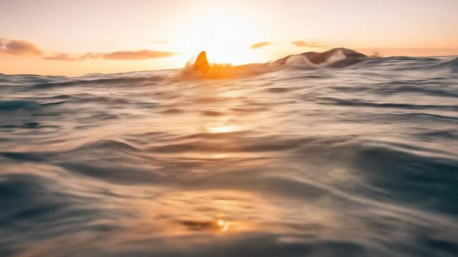 Graceful dolphin leaping and swimming underwater at sunset over ocean waves