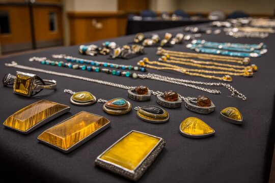 Jewelry display featuring intricate designs and vibrant stones at a local craft fair