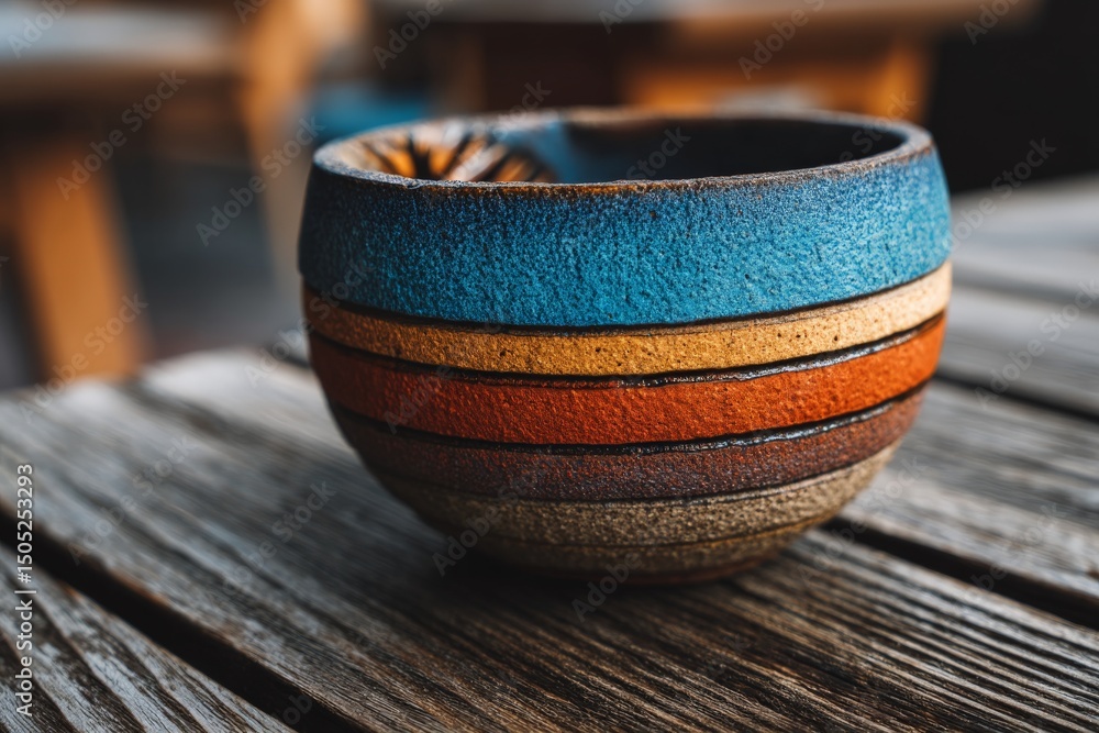 Poster colorful handcrafted bowl resting on rustic wooden table in a cozy cafe setting