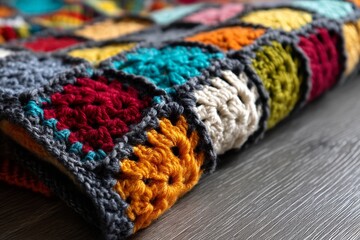 Colorful quilt textured with intricate crochet patterns on a wooden surface showcasing vibrant squares