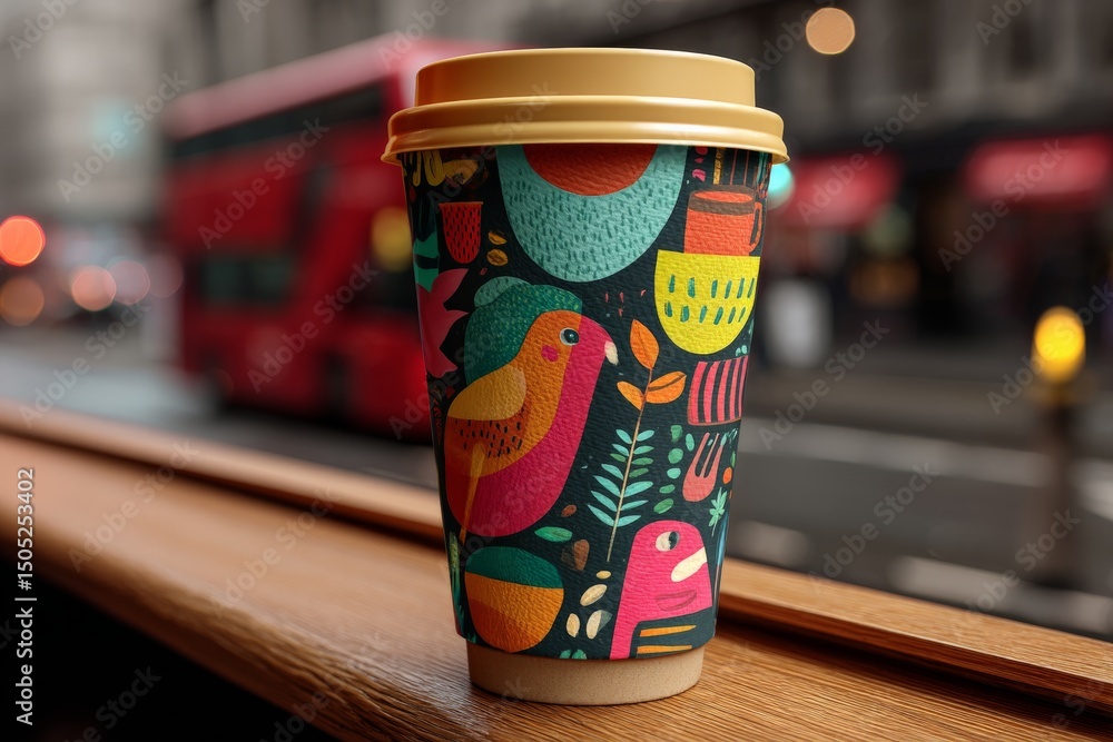 Poster colorful coffee cup with unique design displayed in urban setting during the day