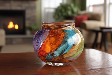 Colorful glass vase sits on a wooden table, reflecting light from a cozy fireplace in a bright living room setting