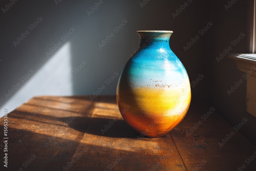 Poster beautiful handcrafted vase displaying vibrant colors placed on a wooden table in soft natural light 