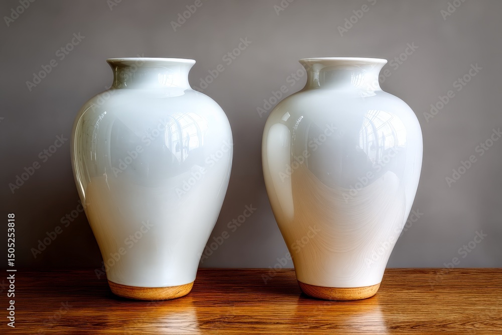 Poster elegant white ceramic vases displayed on a wooden surface showcasing refined craftsmanship and simpl