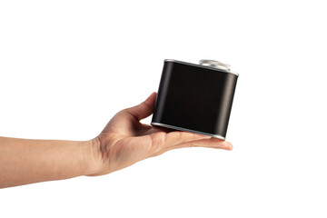 Black can for packaging in hand on transparent background.