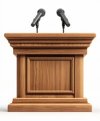 Detailed Wooden Podium with Two Microphones, Isolated on White B