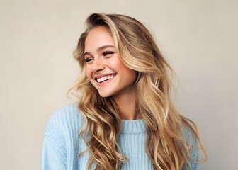 Naklejka premium Young Caucasian woman against long, wavy blond hair smiles contently. She wears a light blue sweater and has a relaxed expression, sitting with a neutral background
