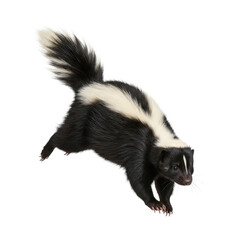 Fototapeta premium Striking image of a striped skunk in a dynamic pose, showcasing its distinctive black and white fur pattern.