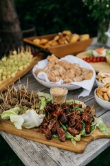 Outdoor buffet with assorted appetizers on a rustic table.