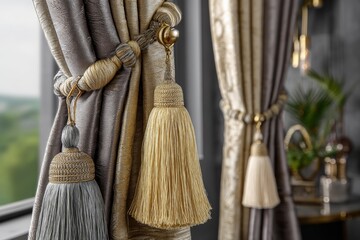 Elegant curtain tassels enhance sophisticated interior design in a modern living area during daylight