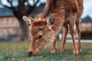 Fototapeta premium Deer grazing on lush green grass in an urban park during a sunny afternoon