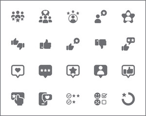 Review And feedback Icon Set. Vector collection of customer, rating, star rating, chat, testimonials, survey, support, communication, sign and element symbols or logo element.