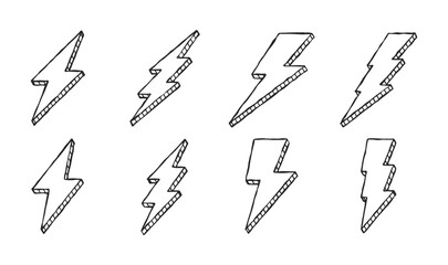 Hand-drawn vector collection of lightning bolts and electric power illustration. Abstract symbol for flash, lightning, thunderbolt, energy, and electricity in flat style