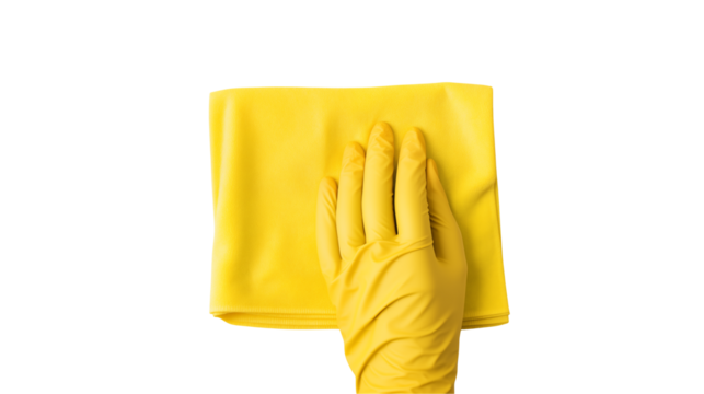 Yellow Glove Cleaning Cloth on white and transparent Background for Cleaning Service
