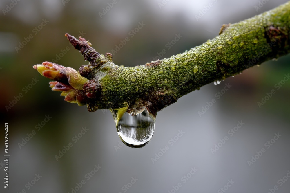Poster close-up of water droplet on a budding branch in a serene natural setting during early spring