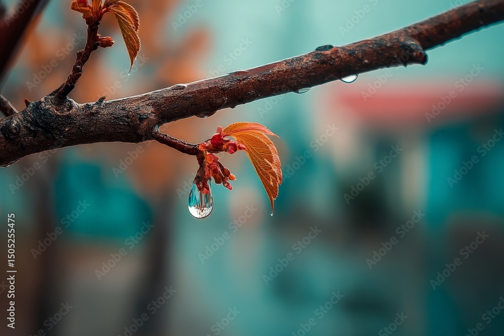 Poster Close-up of a leaf with raindrops on a branch during spring in a soft-focused garden background