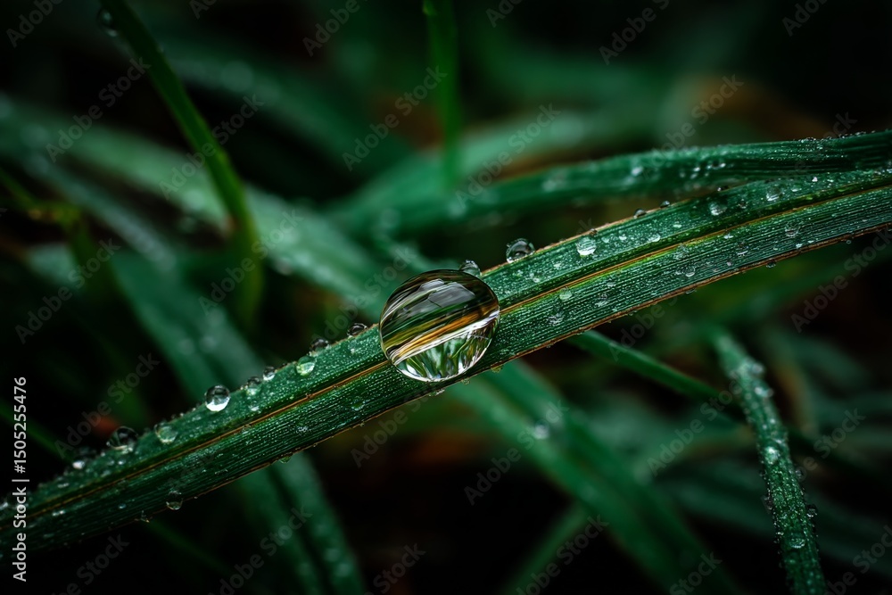 Poster close-up view of a water droplet resting on a green blade of grass in a serene natural setting durin