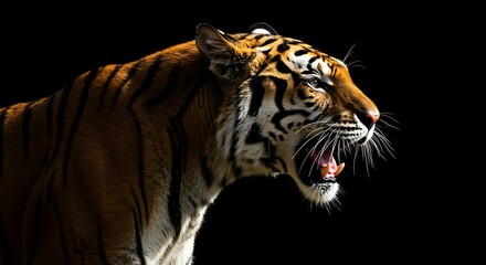Fototapeta premium Dramatic Profile of a Roaring Tiger: A magnificent tiger captured in a powerful profile, roaring fiercely with its mouth agape, revealing sharp fangs.
