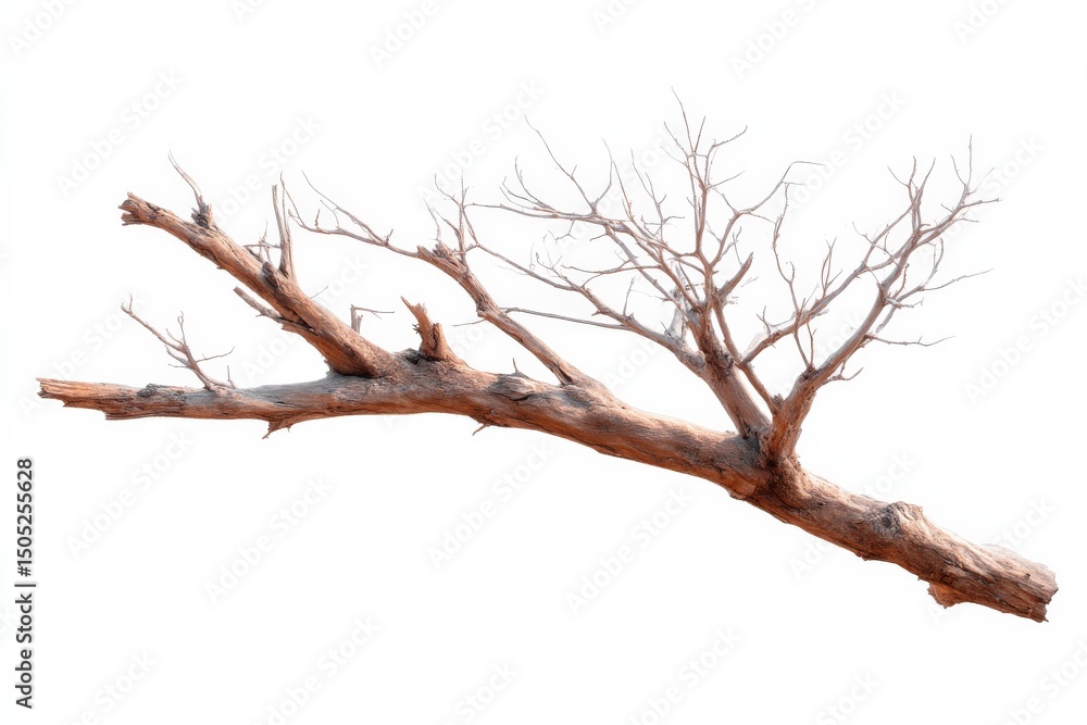 Poster Dry branch with twisted limbs lying against a white background showcasing intricate details of nature