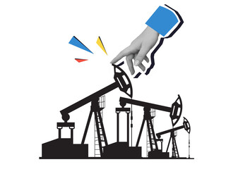 Black and white hand moves oil drilling derrick. Modern photo collage style. Illustration on transparent background