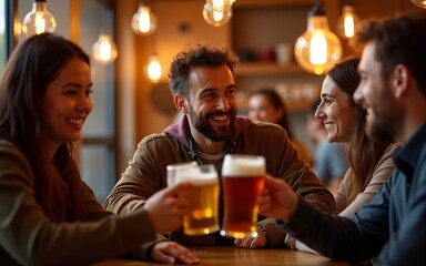 Cheerful man and his friends toast with beer while gathering in bar. High quality