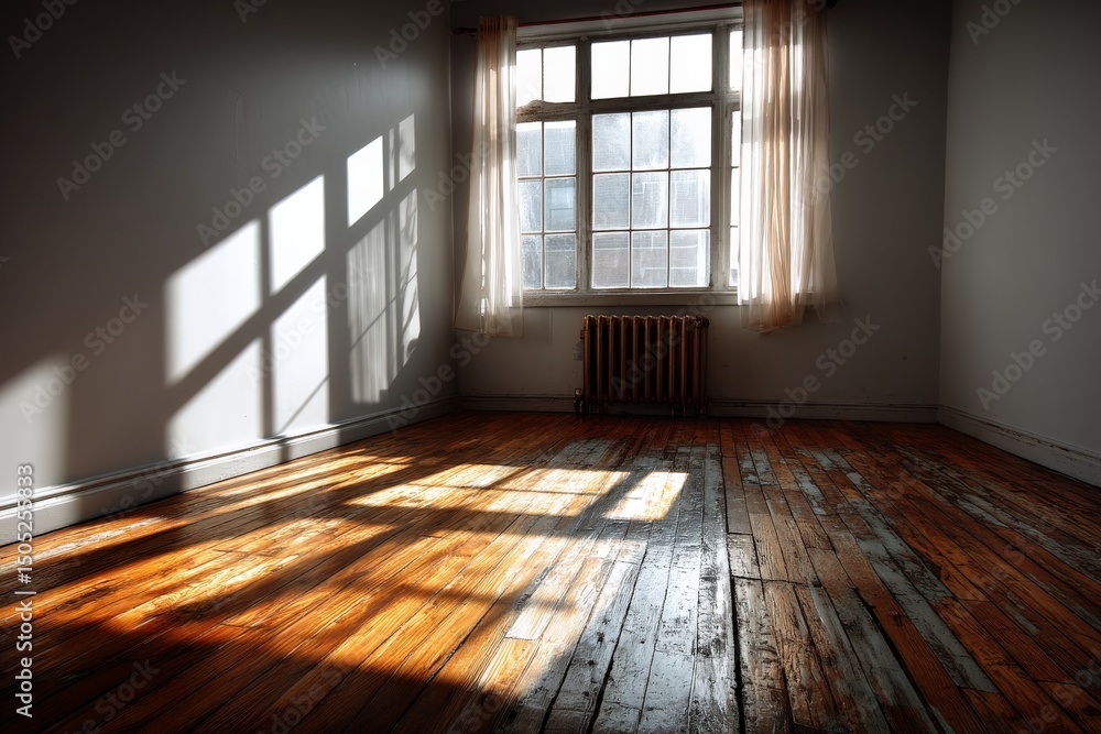 Poster natural sunlight streaming through a large window highlights the empty wooden floor in a quiet room