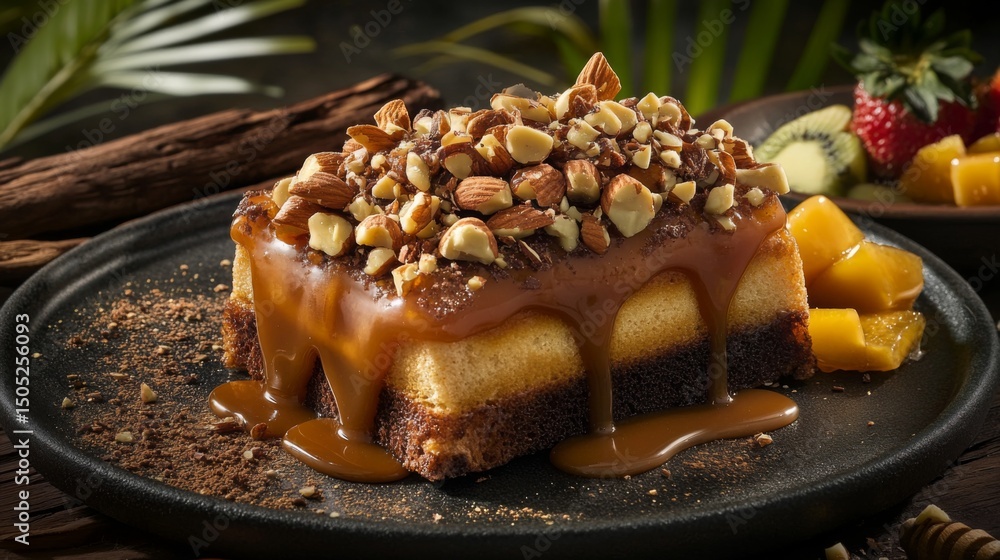 Poster A rustic setting featuring a slice of honey toast topped with caramel sauce and chopped nuts, with a side of fresh fruit for a well-rounded dessert.