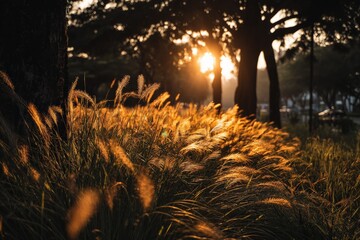 Golden sunlight illuminates grass field during sunset in an urban park setting
