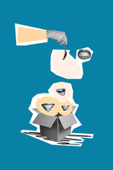 Trendy art creative vertical photo collage of hand hold bubble communication mouth smile mocking abuse problem chat box