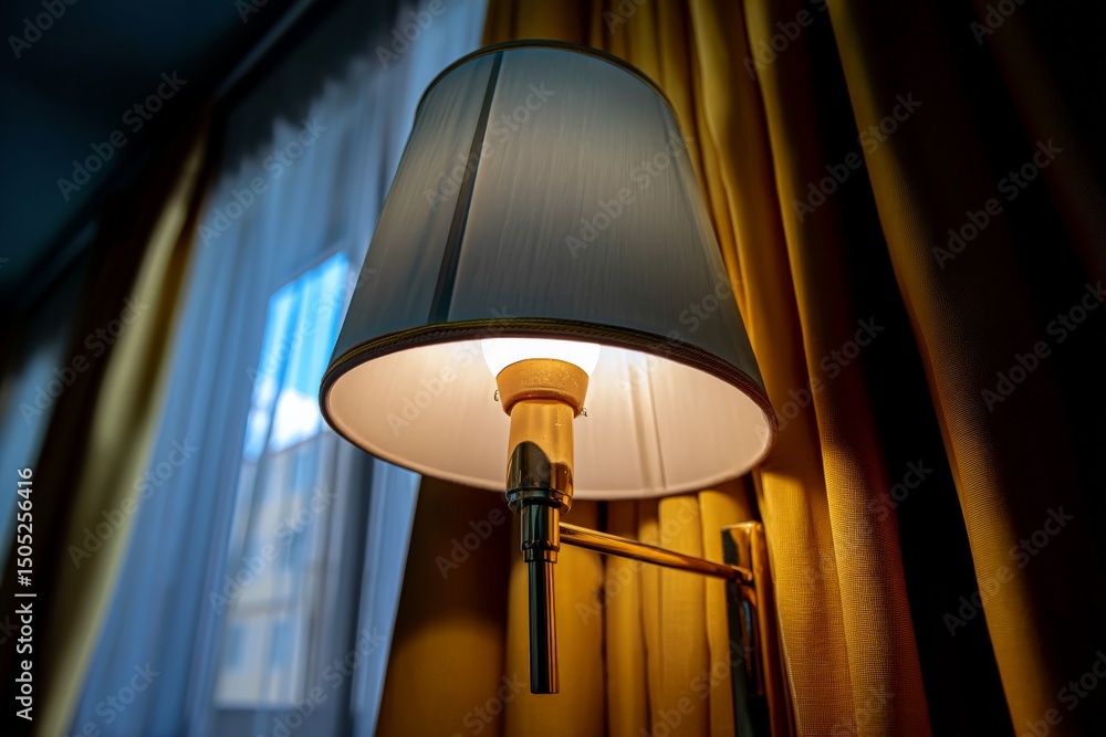 Poster soft glow from a stylish lamp beside a curtain in a modern room during the evening hours