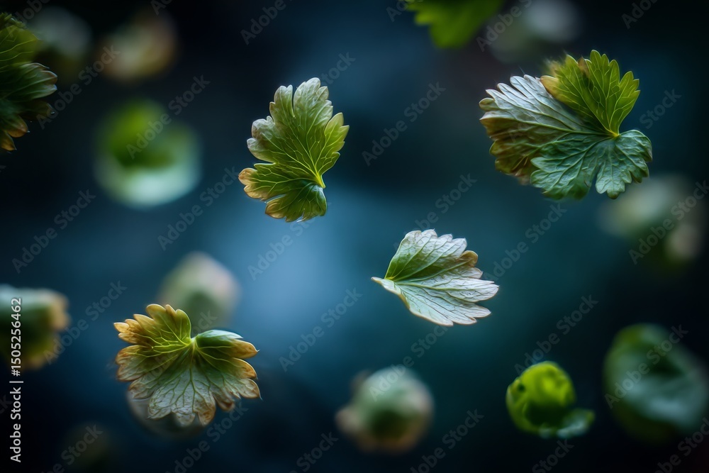 Poster leaves floating delicately in the air during a tranquil evening with a soft blue background