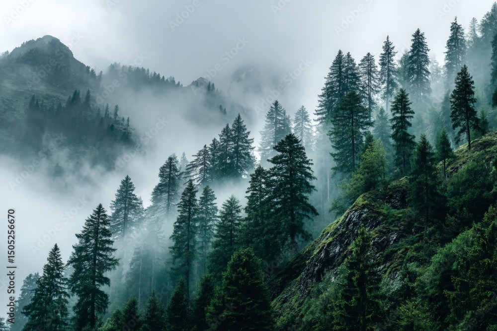 Poster dense evergreen forest shrouded in mist with mountains looming in the background during a cloudy mor