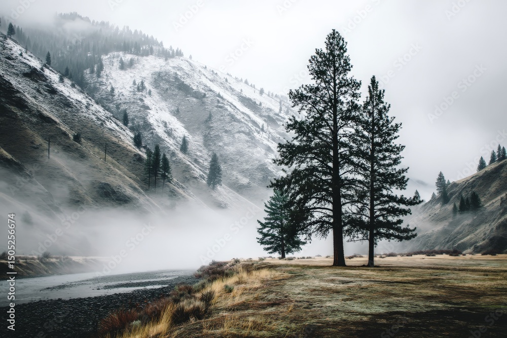 Poster fog envelops a river valley with tall evergreen trees and mountains during a cloudy winter day in a 