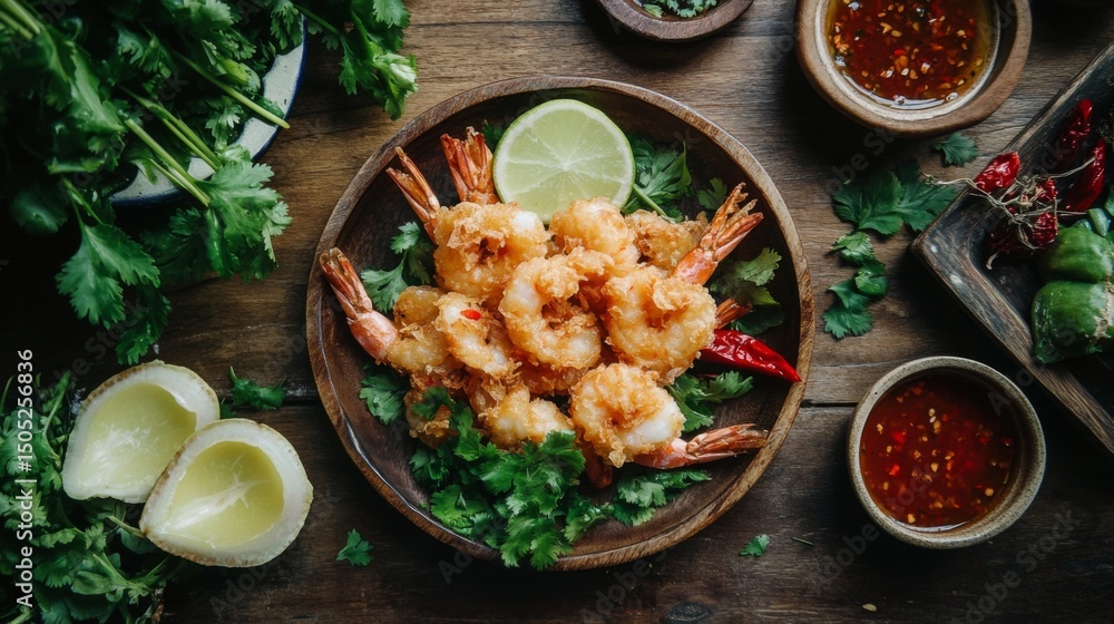 Poster a rustic wooden table set with a plate of crispy tempura shrimp, surrounded by fresh herbs and a dip