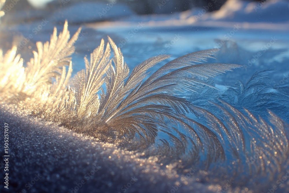 Poster delicate frost patterns form on a windowpane during a cold winter morning in a serene landscape