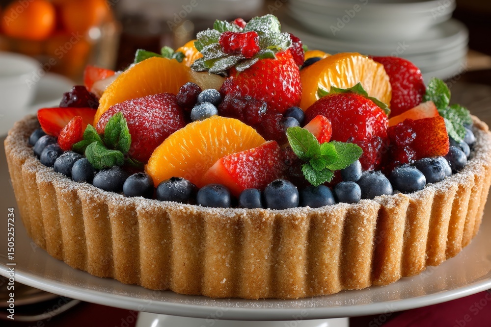 Poster fresh fruit tart with a variety of berries and citrus slices served at a dessert table during a spri