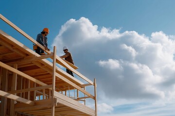 Two men are working on a building, one of them is wearing a hard hat. The sky is cloudy and the sun is shining through the clouds
