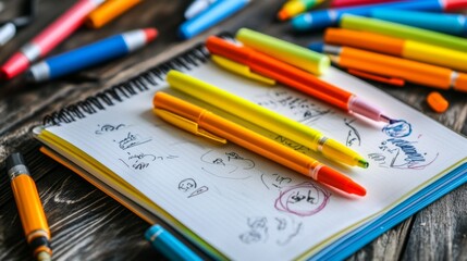 A set of bright-colored pens scattered artistically on a sketchpad, with doodles and handwriting samples