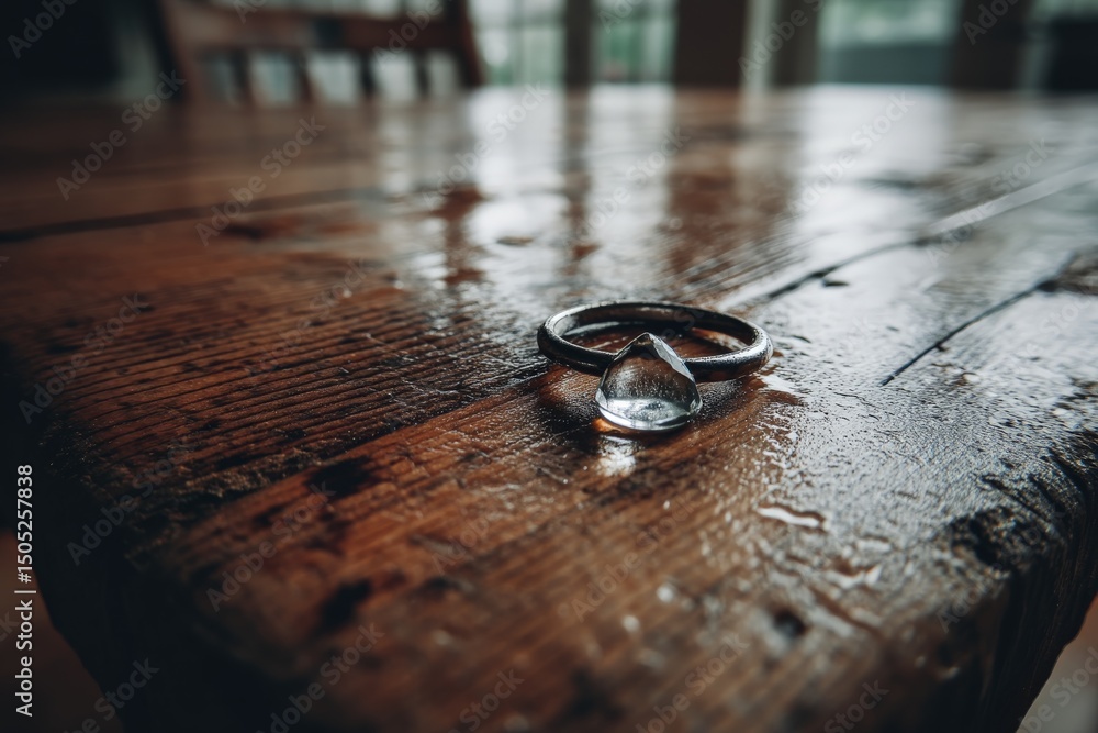 Poster ring with a teardrop-shaped gemstone on a rustic wooden table in a cozy indoor setting during the af