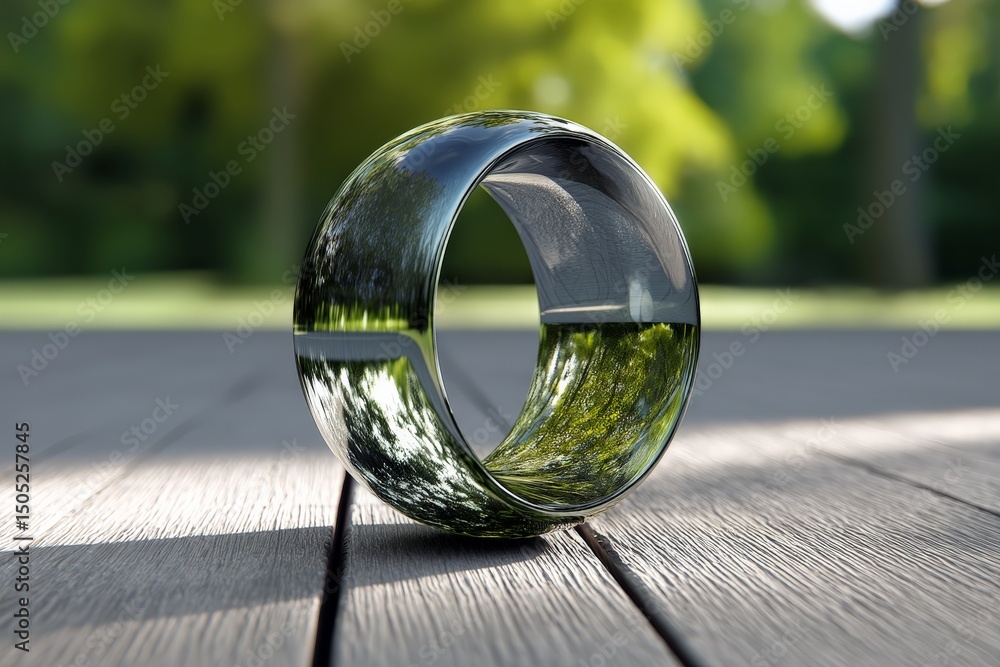 Poster glass ring with reflections surrounded by nature on a sunny day in a park setting