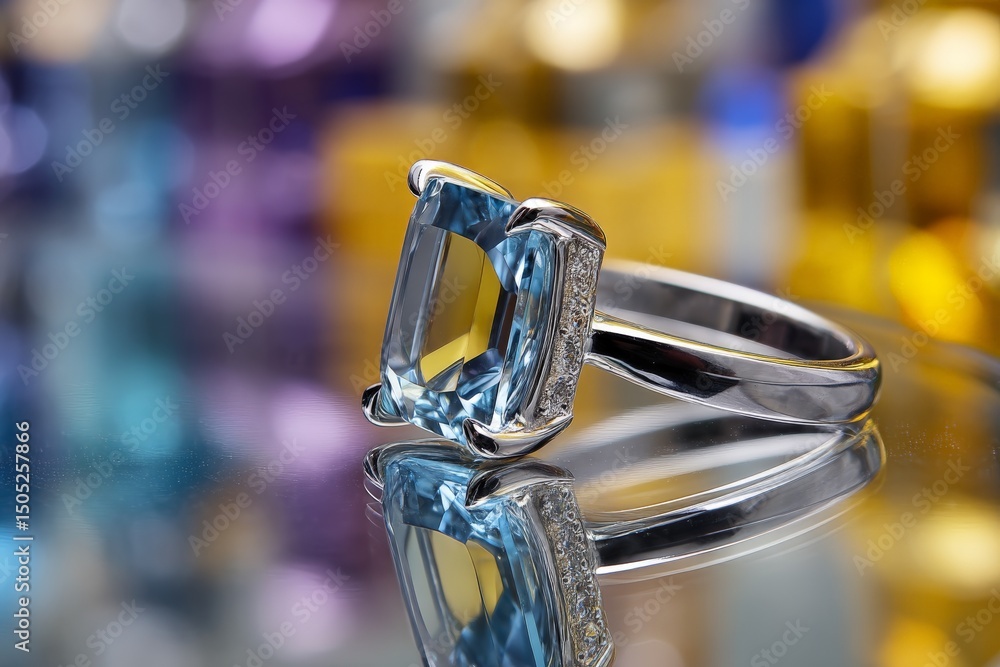 Poster Sparkling blue gemstone ring displayed elegantly on reflective surface with colorful crystals in background