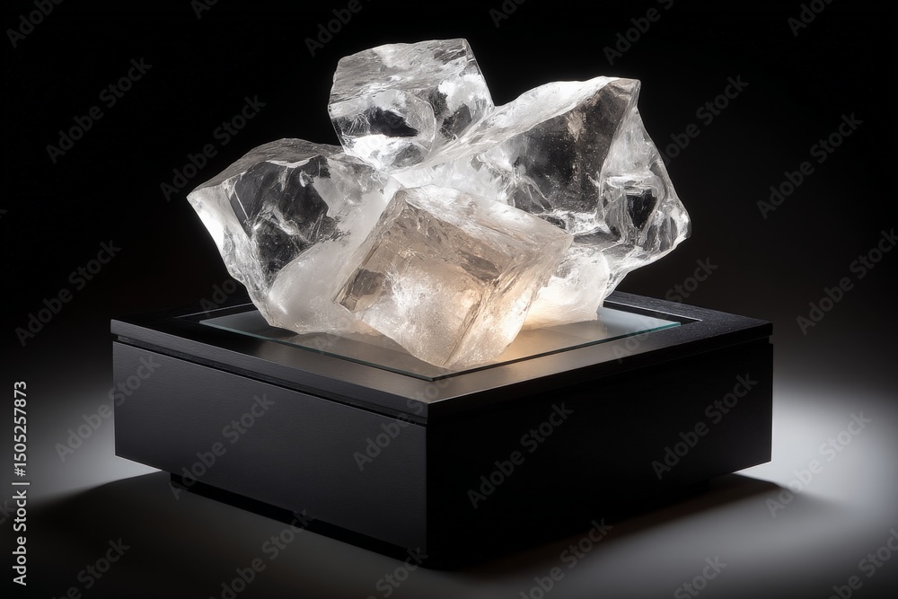 Poster unique translucent crystal formation illuminated on a black display base in a modern setting showcas